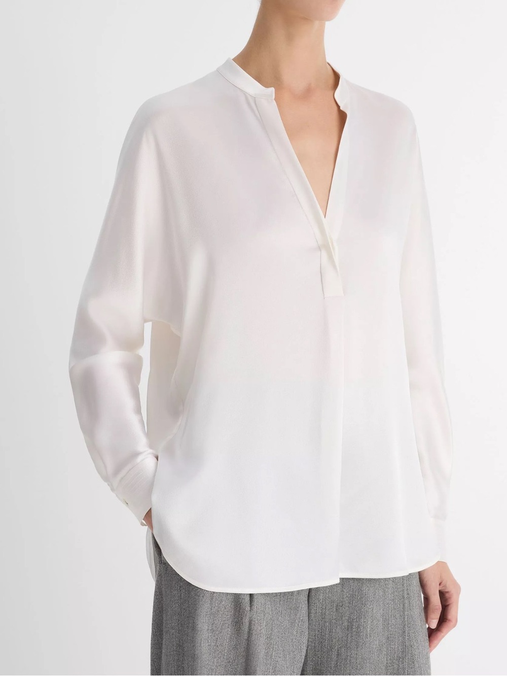 Vince Silk Ivory Split-Neck Long-Sleeve Blouse
